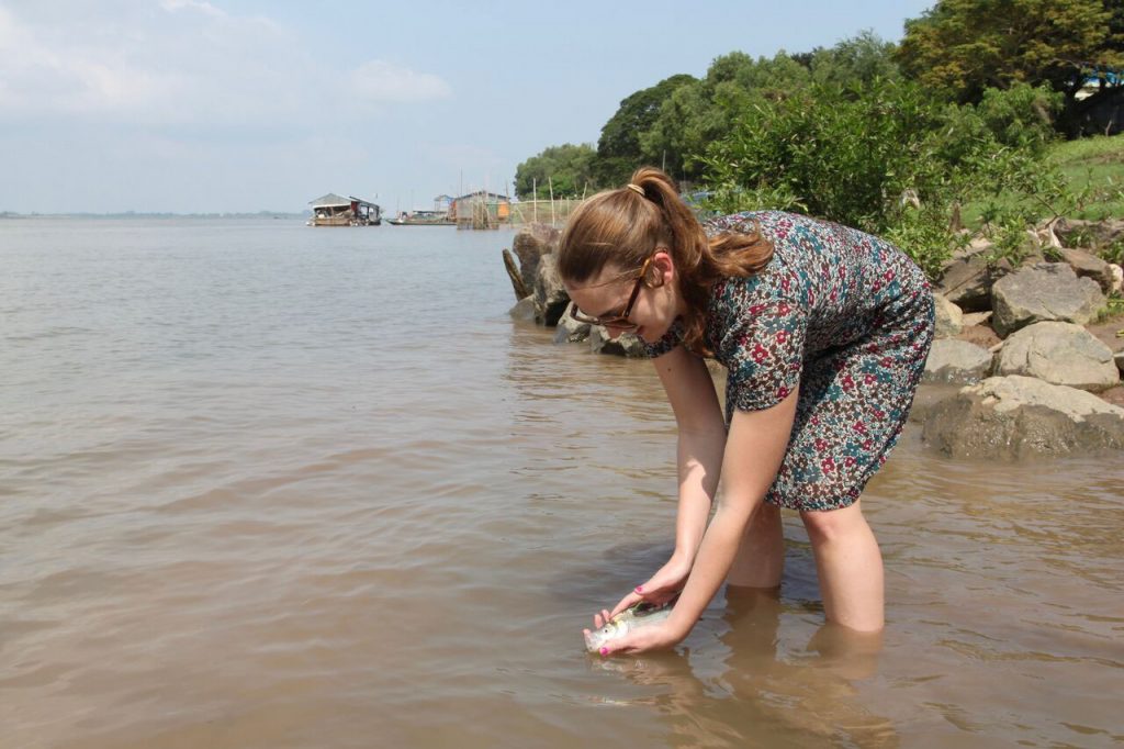 Woman bends down in a river, releasing a fish into the water