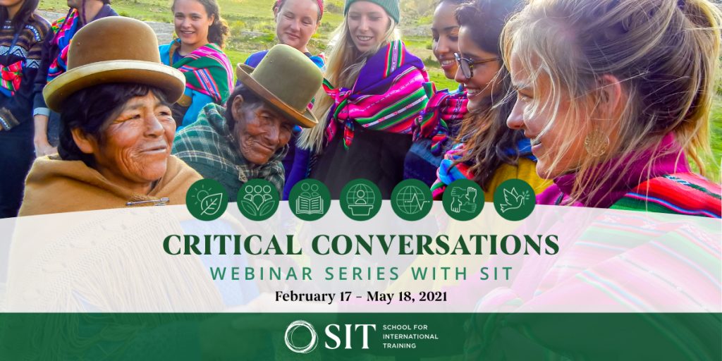 Two women greet each other as a group of other women look on. Text over the photo says "Critical Conversations Webinar Series with SIT: February 17-May 18, 2021."