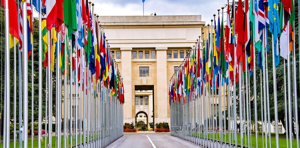 Flags from hundreds of countries line a walkway leading to a large building with pillars and an arched entryway.