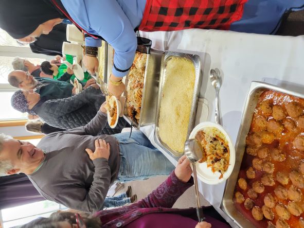 People in line for food.