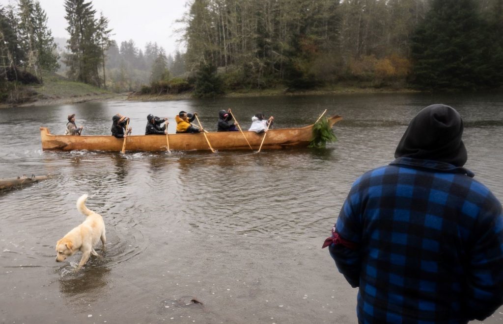 A canoe with six paddlers in a river, with a dog in the foreground and a person watching