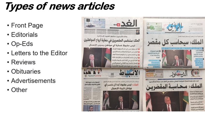 A PowerPoint slide shows four newspaper front pages in Arabic. The slide text lists different types of newspaper content.