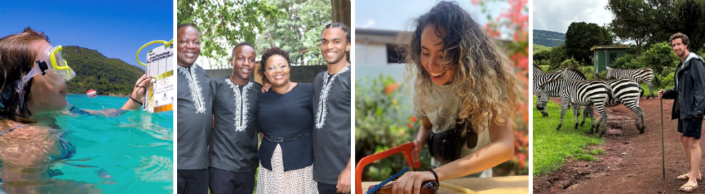 A montage of four photos: a student in the water wearing a diving mask and writing on a clipboard; four people smiling at the camera, a student cutting a piece of wood with a handsaw; a person with a walking stick poses near a herd of zebra.