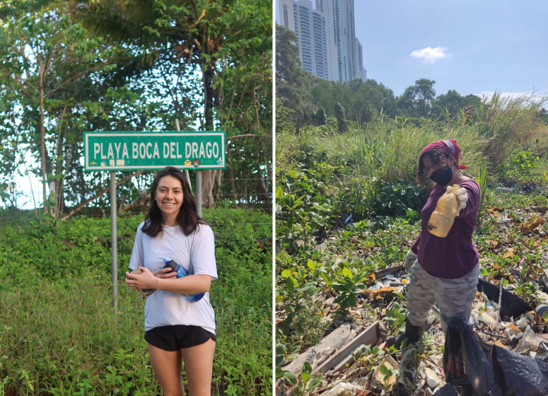Left photo: A young woman with shoulder-length brown hair stands in front of a sign that says "Playa Boca del Drago."
Right photo: A young woman wearing a black face mask with hair pulled back and tied under a scarf. She is standing in a overgrown field and holding a dirty plastic bottle