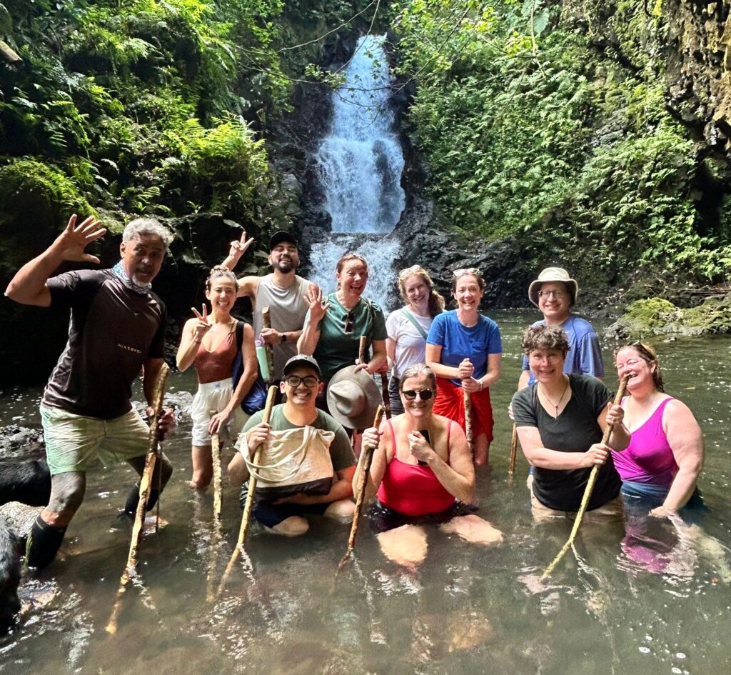 Eleven people are standing in a river in front of a waterfall. They are longing long sticks and waving.