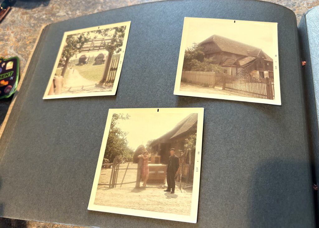 A page of a scrapbook with three photos with a sepia finish from the 1960s.